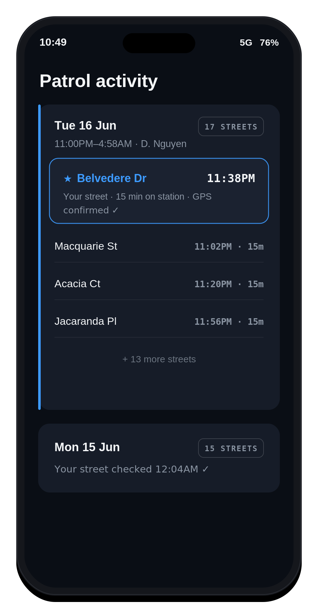 Patroly homeowner app showing the patrol activity log with timestamped, GPS-confirmed street visits