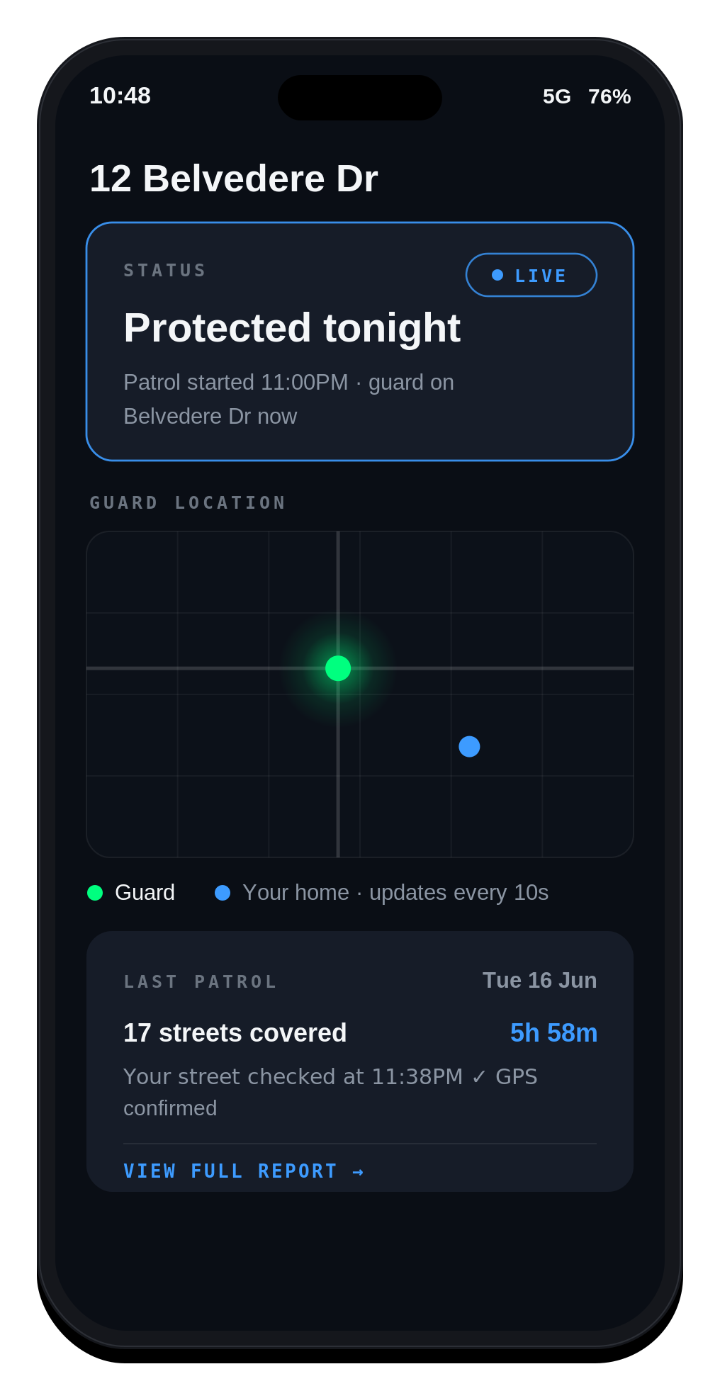Patroly homeowner app showing a live guard map and Protected tonight status